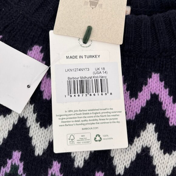 Barbour Midhurst Fair Isle Knit Sweater Size 14 Wool Blend Navy Winter Pullover - Picture 9 of 11